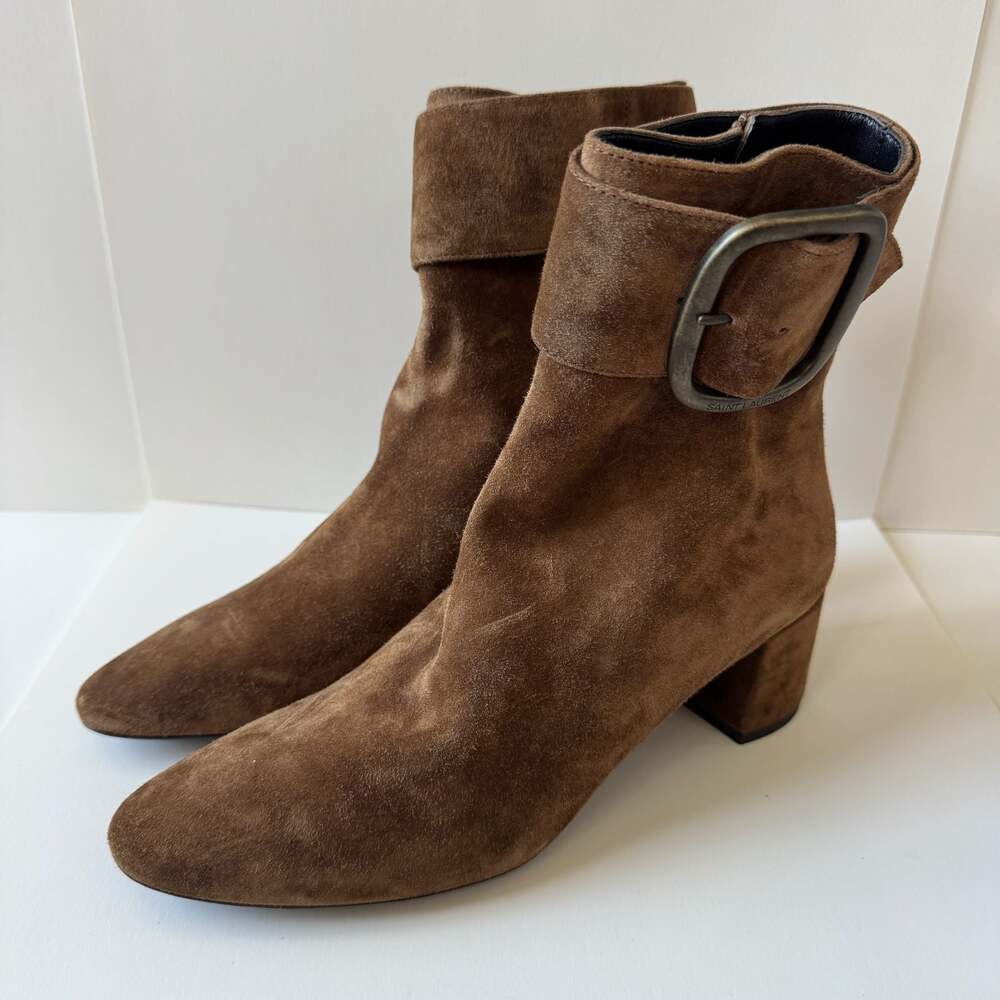 Saint Laurent Loulou Brown Suede Buckle Ankle Boots Size 36.5